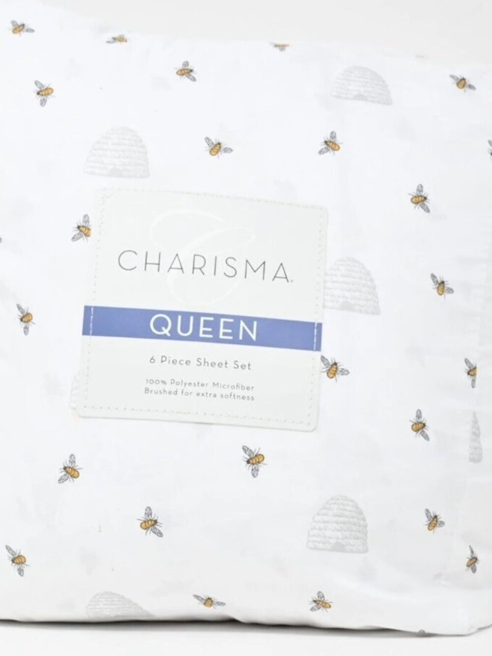 New NWT Charisma Sheet Set, Queen Honey Bee Hive Theme White Microfiber Brushed - Picture 4 of 9